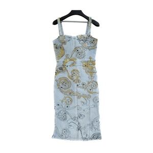 This Versace Jean Couture dress is a size M, but it may fit more like a small.